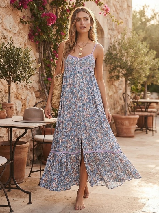 Free People Dresses & Skirts - Free People Blue Floral Smocked Button-Front Maxi Dress Size XS